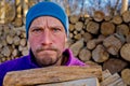 Close-up portrait of a serious lumberjack man.