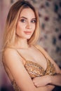 Close up portrait of smiling blonde woman at party. Beautiful girl with a gentle makeup Royalty Free Stock Photo