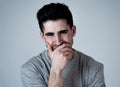 Human expressions and emotions. Portrait of young attractive sad and depressed man Royalty Free Stock Photo