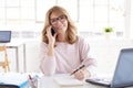 Businesswoman making a call while working on laptop in the office Royalty Free Stock Photo
