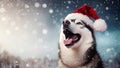 Close-up portrait of a Siberian Husky wearing a red Santa Claus hat against a winter snowy landscape