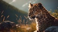 Close up portrait from side face ferocious carnivore leopard, stare or looking straight forward at mountain background Royalty Free Stock Photo