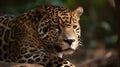 Close up portrait from side face ferocious carnivore leopard, stare or looking straight forward at nature background Royalty Free Stock Photo