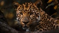 Close up portrait from side face ferocious carnivore leopard, stare or looking straight forward at nature background Royalty Free Stock Photo