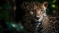 Close up portrait from side face ferocious carnivore leopard, stare or looking straight forward at nature background Royalty Free Stock Photo