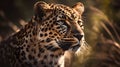 Close up portrait from side face ferocious carnivore leopard, stare or looking straight forward at nature background Royalty Free Stock Photo