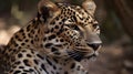 Close up portrait from side face ferocious carnivore leopard, stare or looking straight forward at nature background Royalty Free Stock Photo