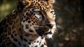 Close up portrait from side face ferocious carnivore leopard, stare or looking straight forward at nature background Royalty Free Stock Photo