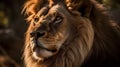 Close up portrait from side face ferocious carnivore male lion stare or looking straight forward at the nature blur background Royalty Free Stock Photo