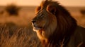 Close up portrait from side face ferocious carnivore male lion stare or looking straight forward at the savannah desert background Royalty Free Stock Photo