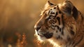 Close up portrait from side face ferocious carnivore tiger stare or looking straight forward at dessert savannah background Royalty Free Stock Photo