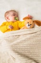 Close-up portrait of a sleeping baby in an embrace with a toy and a pacifier in his mouth. Vertical photo Royalty Free Stock Photo