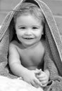 Close up portrait of a small blond boy cover body under towel after bath. Funny baby after bathing on bed at home. Royalty Free Stock Photo