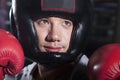 Close-up portrait of smiling boxer in headgear