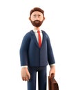 Close up portrait of smiling happy businessman in suit with suitcase. 3D illustration of cartoon standing bearded man Royalty Free Stock Photo