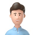 Close up portrait of smiling man in blue shirt. 3D illustration of cartoon character isolated on white background