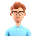 Close up portrait of smiling man with eyeglasses in blue shirt. 3D illustration of cartoon businessman character isolated on white Royalty Free Stock Photo