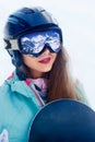 Close up Portrait of snowboarder in Carpathian Mountains, Bukovel Snowboarder. A mountain range reflected in the ski mask. Royalty Free Stock Photo