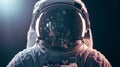 Close up portrait of spaceman in space looking directly through spacesuit.