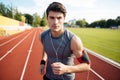 Close up portrait of a sports man running with earphones