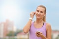 Close up portrait of sporty young fitness woman after urban run Royalty Free Stock Photo