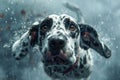 Close up Portrait of a Spotted Dalmatian Dog with Water Droplets Falling on Fur in a Dynamic, High Resolution Shot