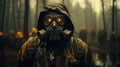 Close-up portrait of a stalker man in a gas mask in destructed apocalyptic forest. Generative AI