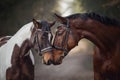 Stallion and mare horses in love nose to nose sniffing each other on road in forest Royalty Free Stock Photo