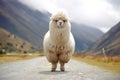 Close up portrait of standing fluffy fat llama Generative AI