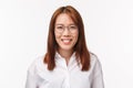 Close-up portrait successful smiling young asian woman in glasses, looking at camera, showing happy emotions, friendly Royalty Free Stock Photo