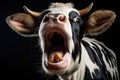 Close-up portrait of surprised cow on the pasture. Funny animal photo. Surprise expression and opened mouth Royalty Free Stock Photo