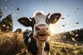 Close-up portrait of surprised cow on the pasture. Funny animal photo. Surprise expression and opened mouth Royalty Free Stock Photo