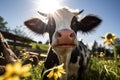 Close-up portrait of surprised cow on the pasture. Funny animal photo. Surprise expression and opened mouth Royalty Free Stock Photo