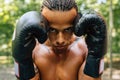 Close up portrait of a sweated kickboxer