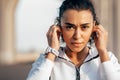 Close up portrait of sweated sportswoman