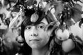 Close-up portrait of teen girl in the apple orchard, black and white photo. Royalty Free Stock Photo