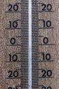 A close up portrait of a thermometer gauge indicating a temperature measurement of zero degrees celcius. The intstrument uses blue