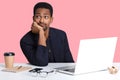 Close up portrait of thoughtful african american businessman thinking about having rest and relaxing, dreaming about something,