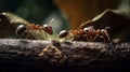 A close-up portrait of three ants working together. Generative AI