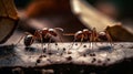 A close-up portrait of three ants working together. Generative AI