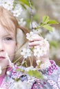 Close-up portrait of a toddler girl with red hair in front of a cherry blossom. Spring Royalty Free Stock Photo