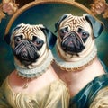 A close-up portrait of two anthropomorphic pug girls in ball gowns. Funny design for children and adults in the style of classic Royalty Free Stock Photo