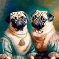 A close-up portrait of two anthropomorphic pug girls in ball gowns. Funny design for children and adults in the style of classic Royalty Free Stock Photo