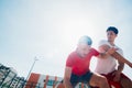 Close up portrait of two basketball players while the push each other for ball possession Royalty Free Stock Photo