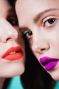 Close up portrait of two beautiful women with bright makeup, with red and penny purple, sage pink lips. Detail of the face. Beauti Royalty Free Stock Photo