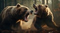 close-up portrait of two big brown bears fighting with mouthes open with teeth and paws with claws