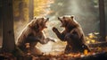 close-up portrait of two big brown bears fighting with mouthes open with teeth and paws with claws