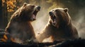 close-up portrait of two big brown bears fighting with mouthes open with teeth and paws with claws