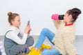 Blonde Teenage Taking A Photo Brunette Girl.