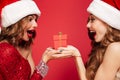 Close up portrait of two excited women in christmas hats